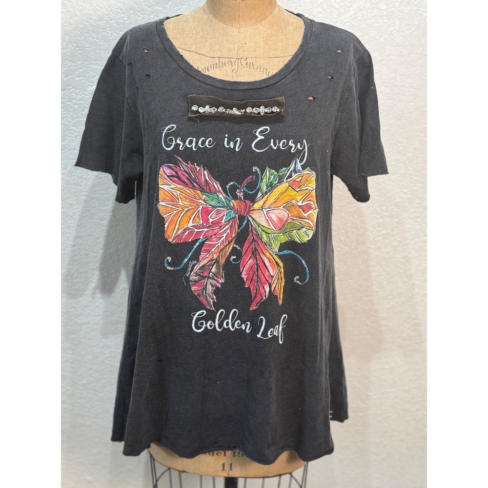 Grace in Every Golden Leaf Embellished Black Tee